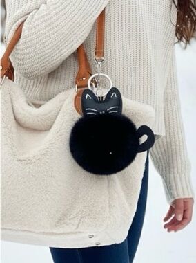 3/$9 New! Black Kitty Cat Pom-Pom Charm Key Chain With Silver Hardware